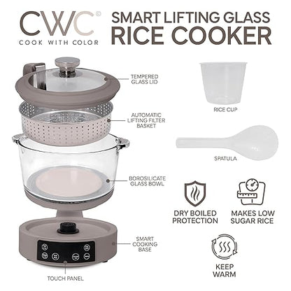 COOK WITH COLOR 3L Glass Mini Low Carb Rice Cooker – Holds 2 Cups Raw/Makes 6 - Image 2
