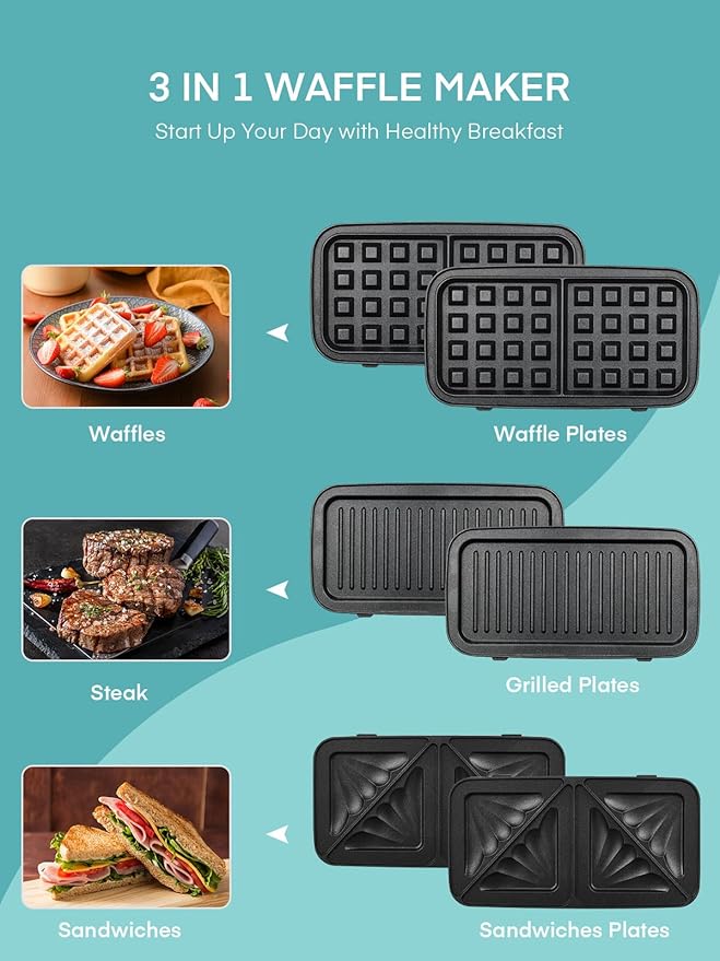 FOHERE Waffle Maker 3 in 1 Sandwich Maker 1200W Panini Press - Image 4