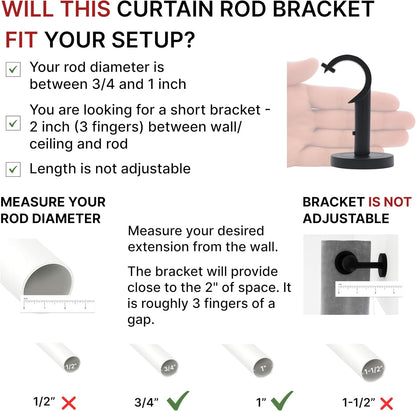Heavy Duty Ceiling Mount Curtain Rod Brackets, Curtain Rod Holders, 2 Pack | Black, Wall & Ceiling Installation, Ceiling Mount Curtain Rod Holders, Low Profile, Fix Length Hardware Set, for 1 in Rods
