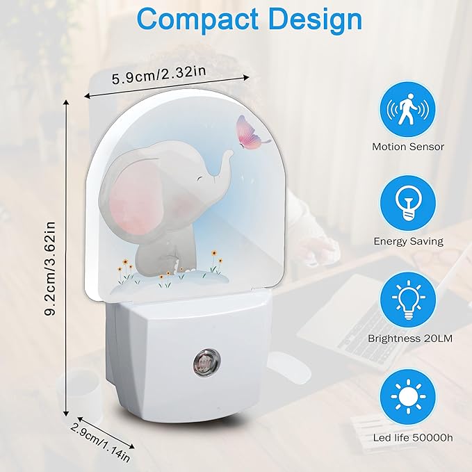 YESPOAK Cute Little Elephant Play Butterfly Dusk to Dawn Night Light Auto - Image 2