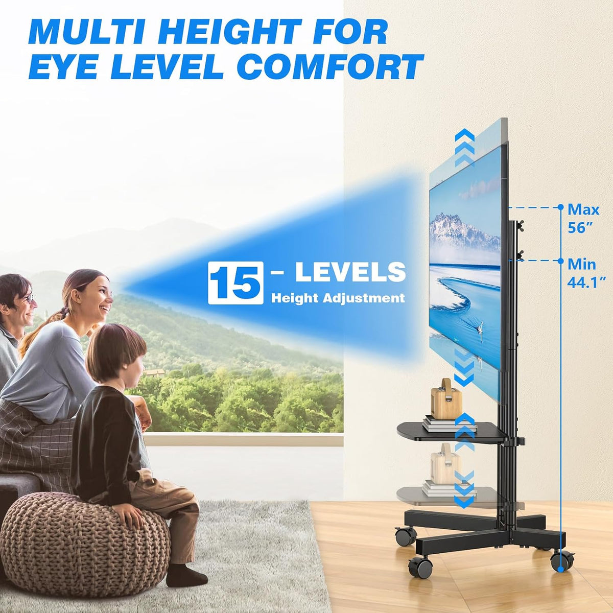 rfiver rolling tv stand with laptop shelf, mobile, side view