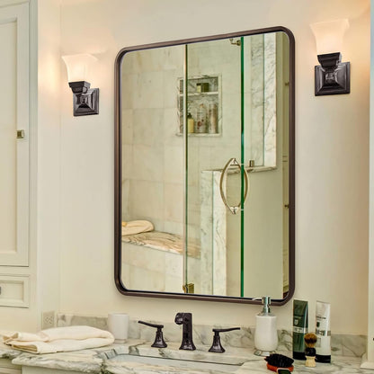 28x36 INCH Bronze Bathroom Mirror, Rounded Rectangle Oil Rubbed Bronze Mirrors for Bathroom,Tube Metal Framed, 1’’ Deep Wall Mounted Vertically/Horizontal