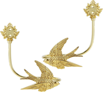 2 Pcs Vintage Heavy Duty Gold Brass Bird Head Curtain Tiebacks, Wall Mounted Handcrafted Animal Sculpture Curtain Holdbacks, Decorative Curtain Hooks for Living Room、 Bedroom and Home Office