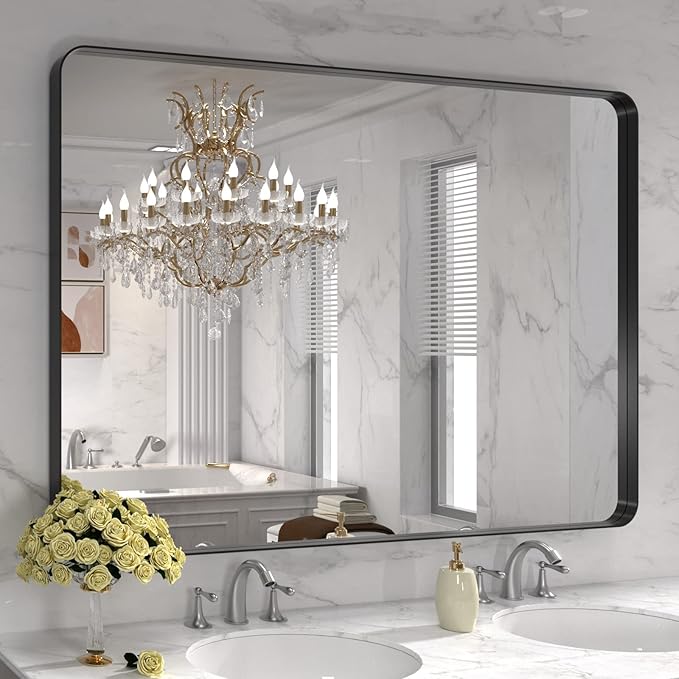 LOAAO 48X30 Inch Black Metal Framed Bathroom Mirror by LOAAO