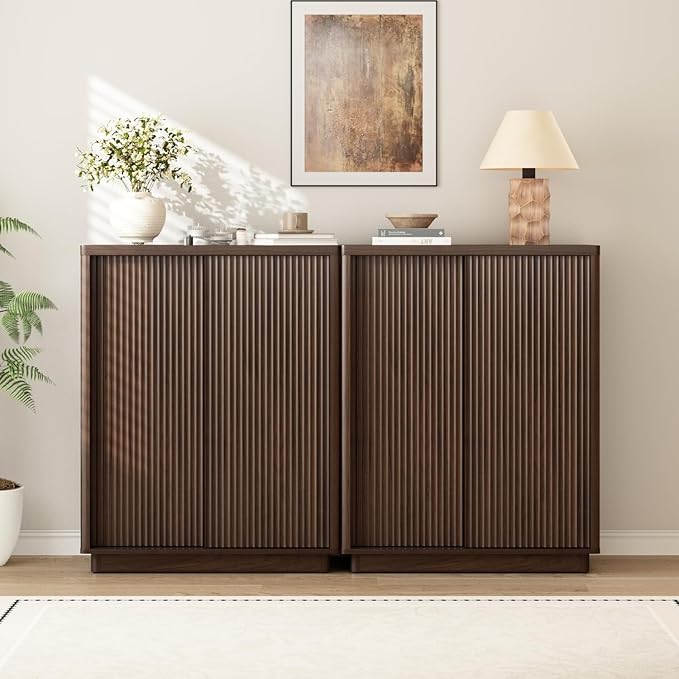 Fluted Shoe Cabinet with Sliding Door Set of 2, 6-Tier Large Hidden Storage by WINWY