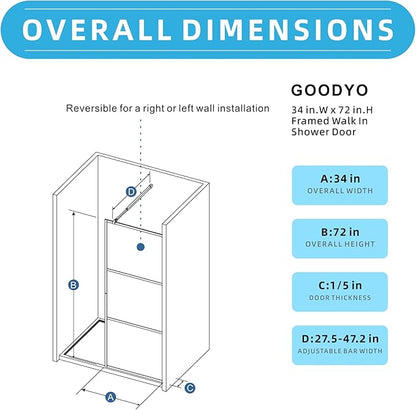 Goodyo Fixed Shower Door 34" X 72" Clear Tempered Glass Shower Screen Panel - Image 5