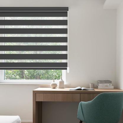 Custom Size Zebra Blinds for Indoor Windows with Cord, Dual Layer Blackout Zebra Roller Shades Corded Pull Down for Home Office Sliding Glass Door Black Out Room Darkening Easy Install