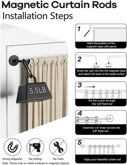 Magnetic Curtain Rods for Metal Door, 18 to 30 Inch Curtain Magnet Rod 3/8 Inch Diameter Magnetic Café Rod Adjustable Appliances for French Doors Cafe Window(Black, 1Pack)