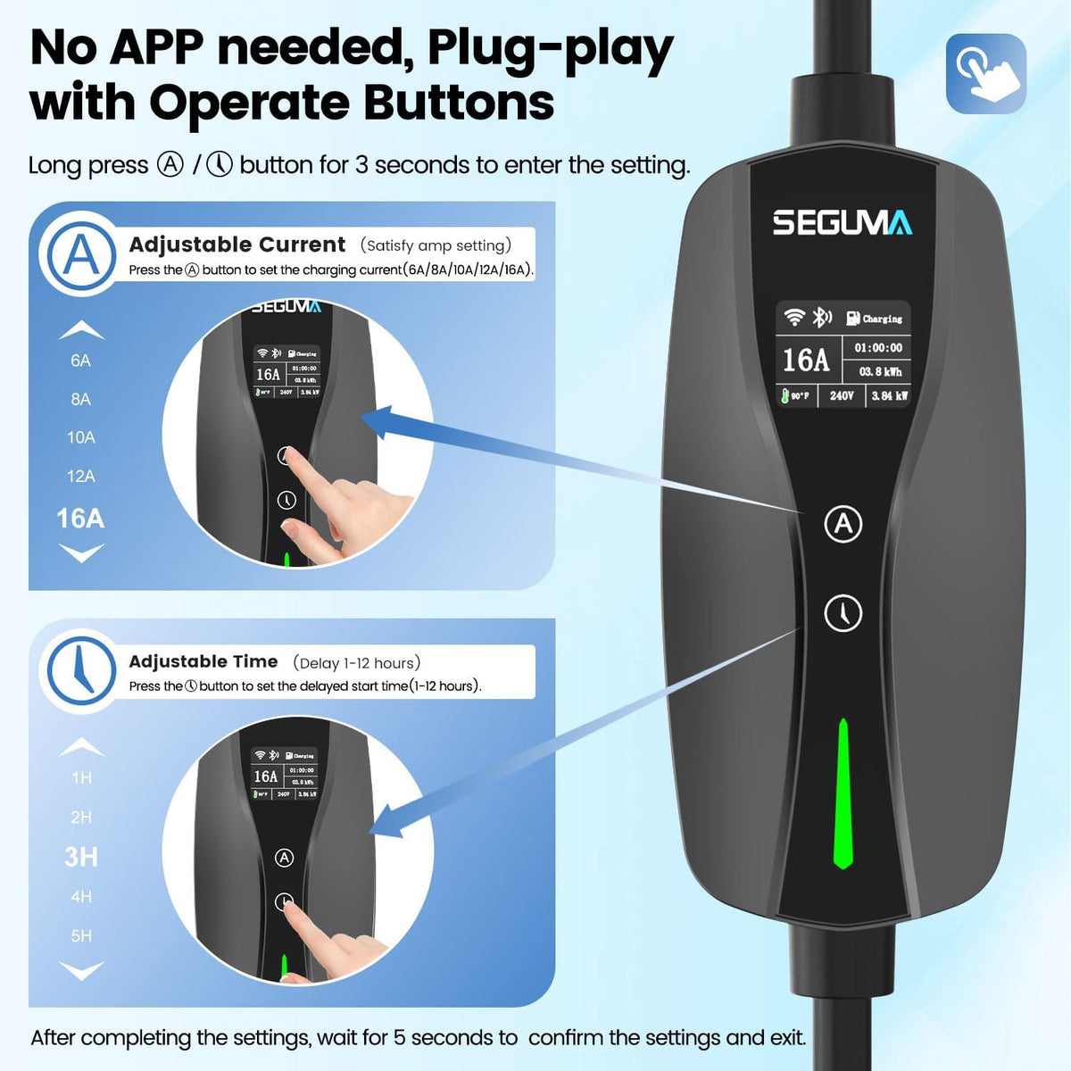 SEGUMA 16A Level 1/2 EV Charger Wi-Fi/App ETL Certified for J1772 BEV/PHEVs