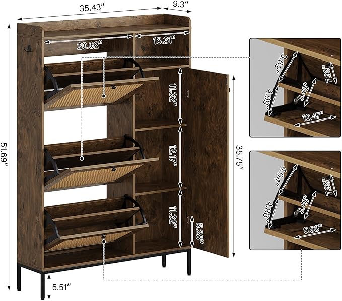 Rattan Wooden Shoe Cabinet, Freestanding 3-Flip Drawer Shoe Storage Organizer - Image 2