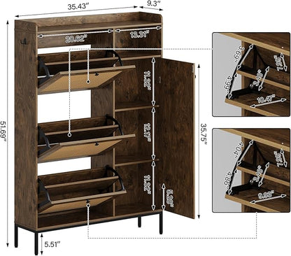 Rattan Wooden Shoe Cabinet, Freestanding 3-Flip Drawer Shoe Storage Organizer - Image 2