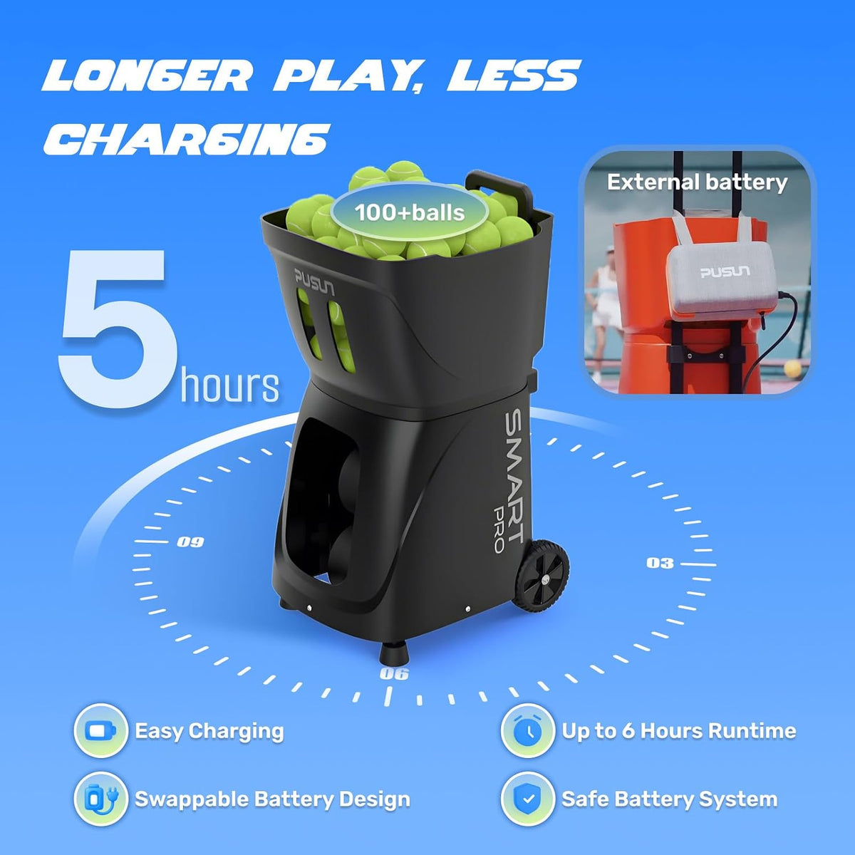 pusun｜pt-smart pro internal oscillation tennis ball machine: app on a desk or shelf