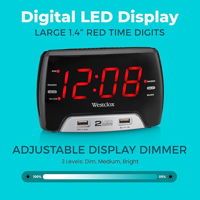 Westclox Large 1.4” Red LED Digital FM Clock Radio - Image 2
