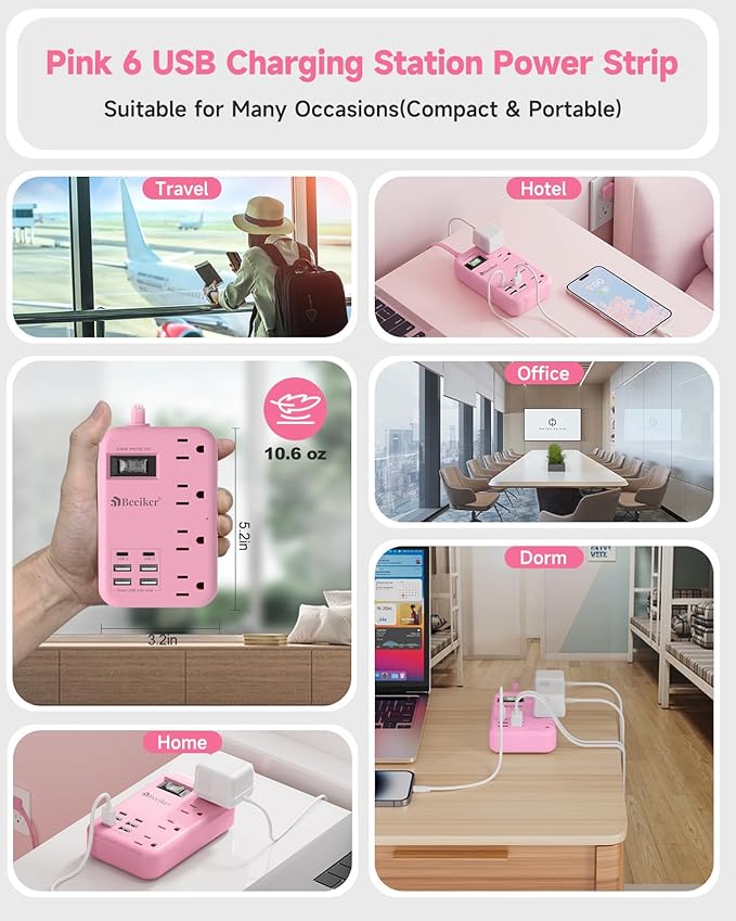6 USB Pink Extension Cord- 5Ft Travel Power Strip - Image 8