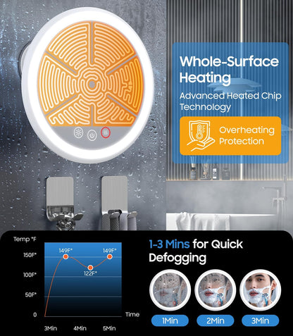 Gospire Upgraded Heated Shower Mirror Fogless for Shaving, 5000mAh Battery | 360° Swivel & Magnetic Design, 8.3” Anti-Fog Shower Shaving Mirror with 3 Color Lights, No Drilling, With 2PCS Adhesive Hooks