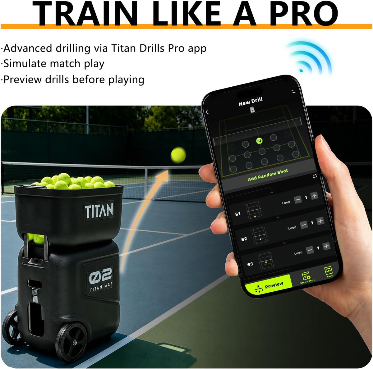 titan ace tennis ball machine for coaches &, close-up detail