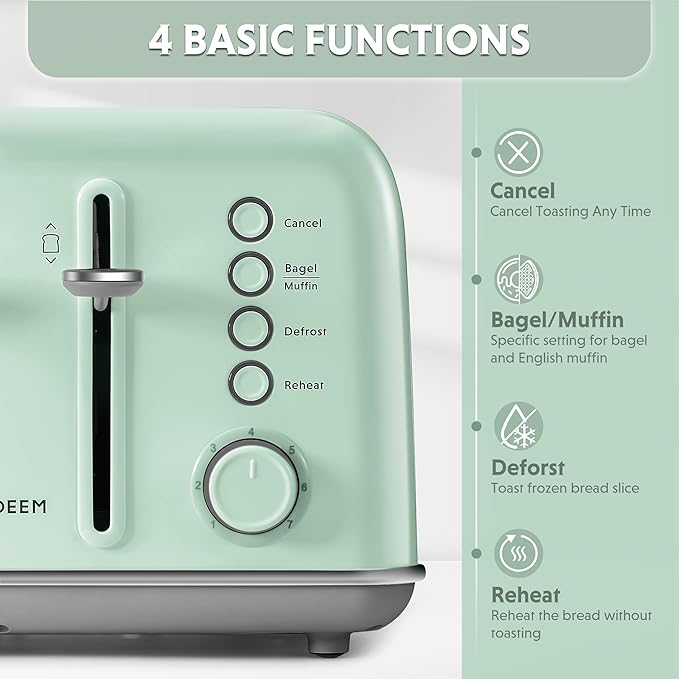 BUYDEEM DT640 Retro 4 Slice Toaster, 7 Shade Settings, Extra Wide 1.5'' Slots - Image 2