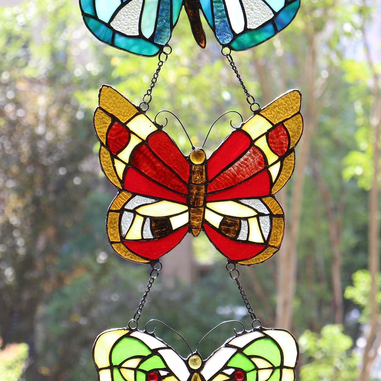 Bieye W10053 Butterfly Tiffany Style Stained Glass Window Panel with 3 Pieces Hanging Successively Within Chains, 12" W x 25" H