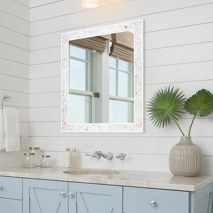 Tanmicoshomy 30 x 36 Inch White Rectangle Wall Mirror, Natural Shell Framed - Image 4