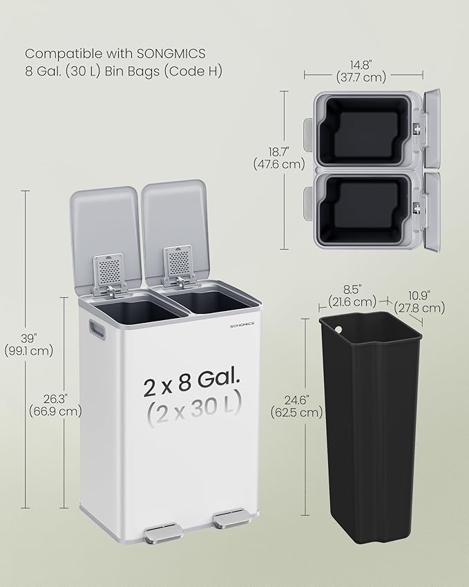 SONGMICS Trash Can, 2 x 8 Gallon Dual-Compartment Garbage Can - Image 6