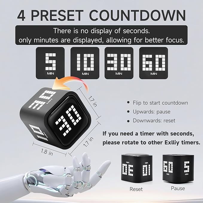 Rotating Productivity Timer 5, 60 Minutes Preset, Desk Cube w/Gravity Sensor - Image 2