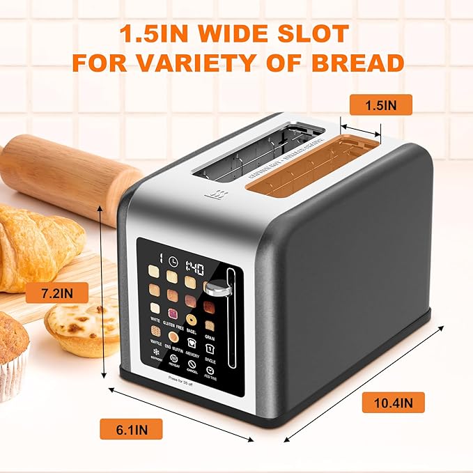 2 Slice Toaster Touch Screen, Stainless Steel Toasters Digital Timer 2 Slot - Image 3