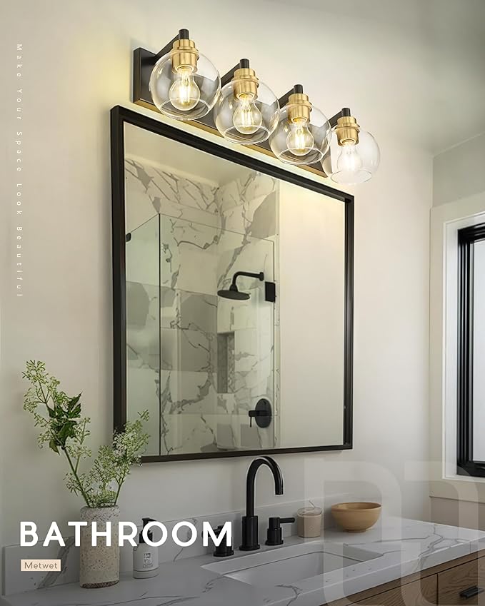 METWET Bathroom Light Fixtures, 4-Light Black and Gold Bathroom Vanity Light - Image 4
