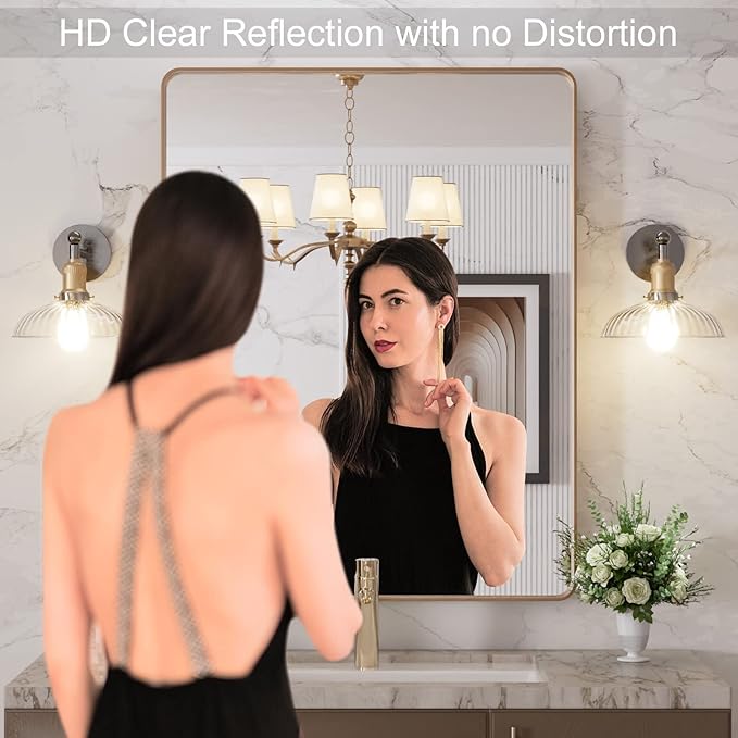 LOAAO 28”X36” Gold Bathroom Mirror, Rounded Rectangle Gold Frame Mirror - Image 2