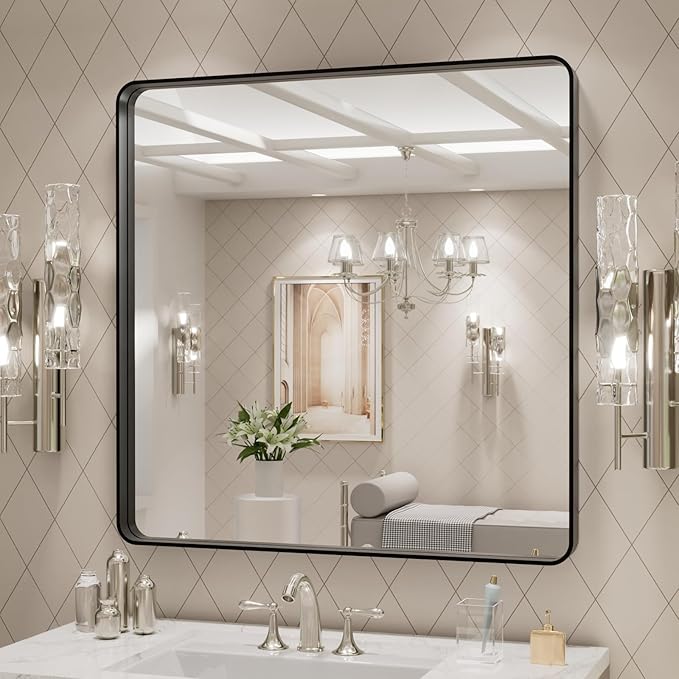 LOAAO 30x30 Inch Black Metal Framed Bathroom Mirror - Image 4