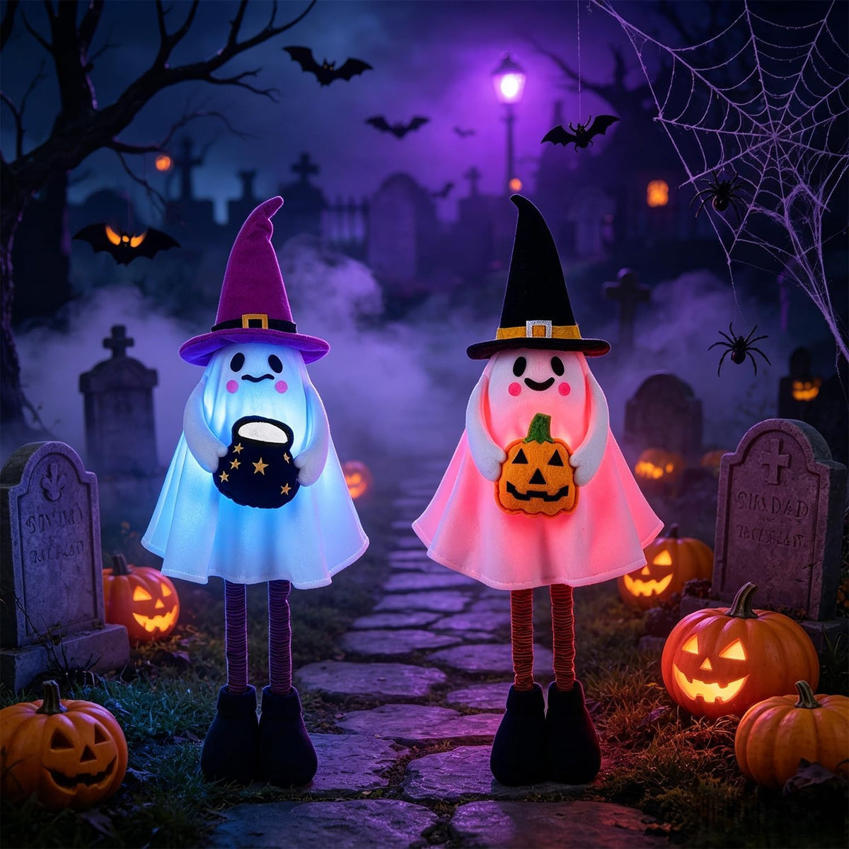 2 Pack Halloween Lighted Ghost Figurine with Stretchable Leg 21" to 30&q...