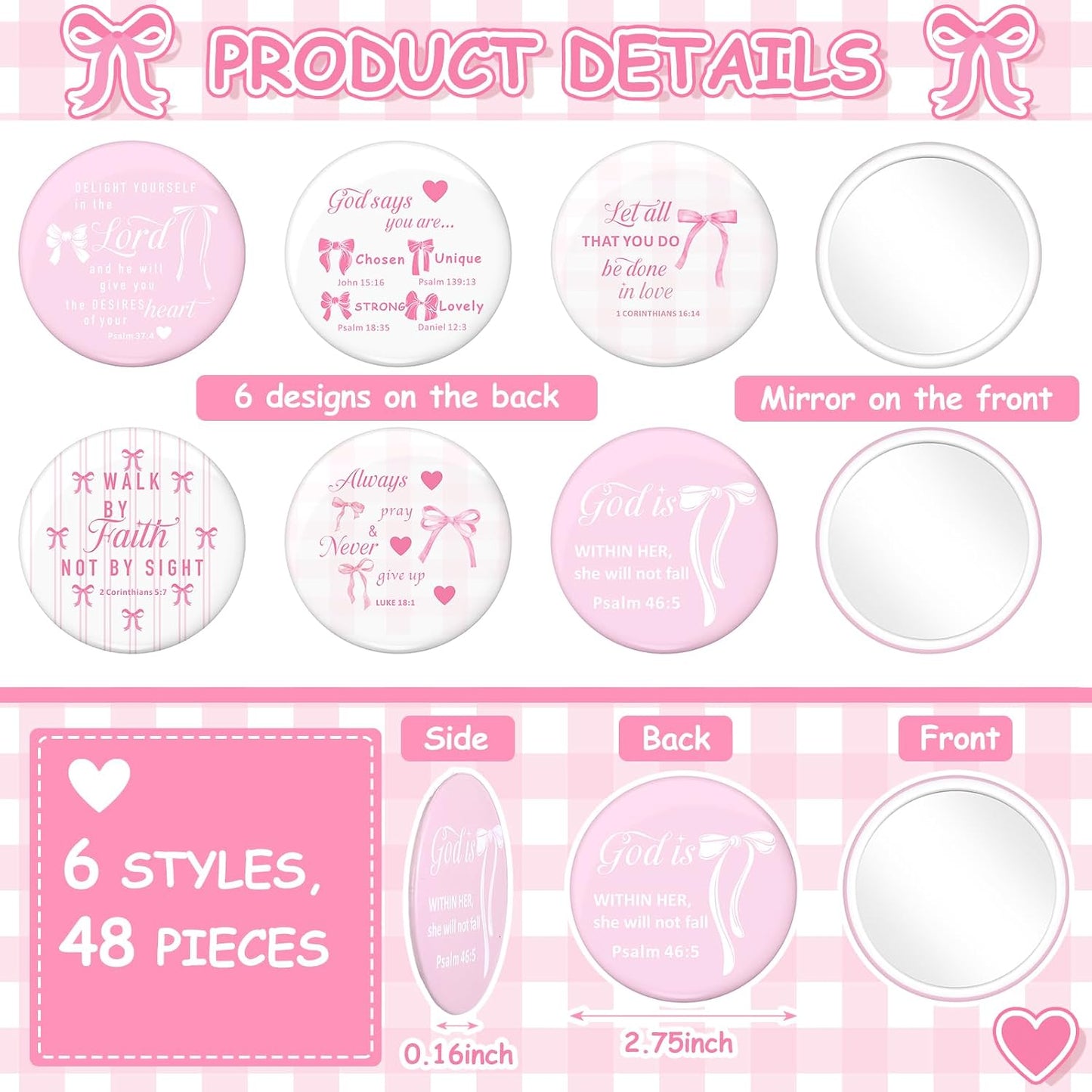 48 Pcs Pink Bow Compact Mirrors Bulk Christian Gifts for Women | Mini Pocket Makeup Mirror for Purse, Bible Verse Scripture, Bible Pink Bow Birthday Wedding Party Favor, Inspirational Gift