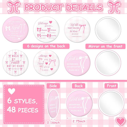 48 Pcs Pink Bow Compact Mirrors Bulk Christian Gifts for Women | Mini Pocket Makeup Mirror for Purse, Bible Verse Scripture, Bible Pink Bow Birthday Wedding Party Favor, Inspirational Gift