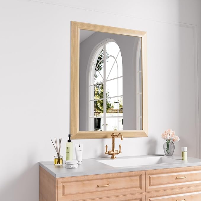 Amorho Bathroom Mirror, 28 X36 Inch Wall Mirror, Oak Wood Grain Metal Framed by Amorho