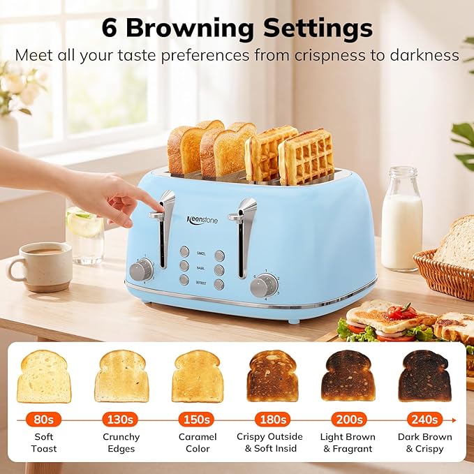 Keenstone Toaster 4 Slice, Retro Stainless Steel Wide Slot Toaster - Image 5