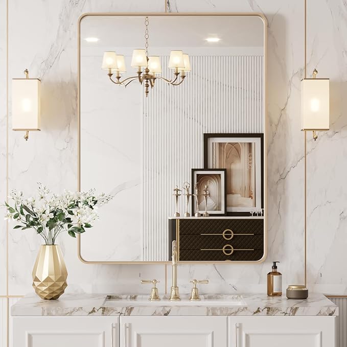 LOAAO 20”X30” Gold Bathroom Mirror, Rounded Rectangle Gold Frame Mirror - Image 8