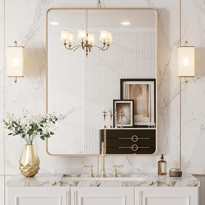 LOAAO 20”X30” Gold Bathroom Mirror, Rounded Rectangle Gold Frame Mirror - Image 8