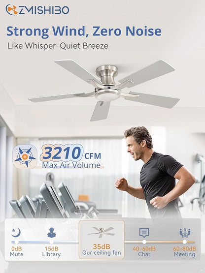 ZMISHIBO 42 Inch Ceiling Fan No Light, Flush Mount Low Profile, Modern Nickel - Image 3