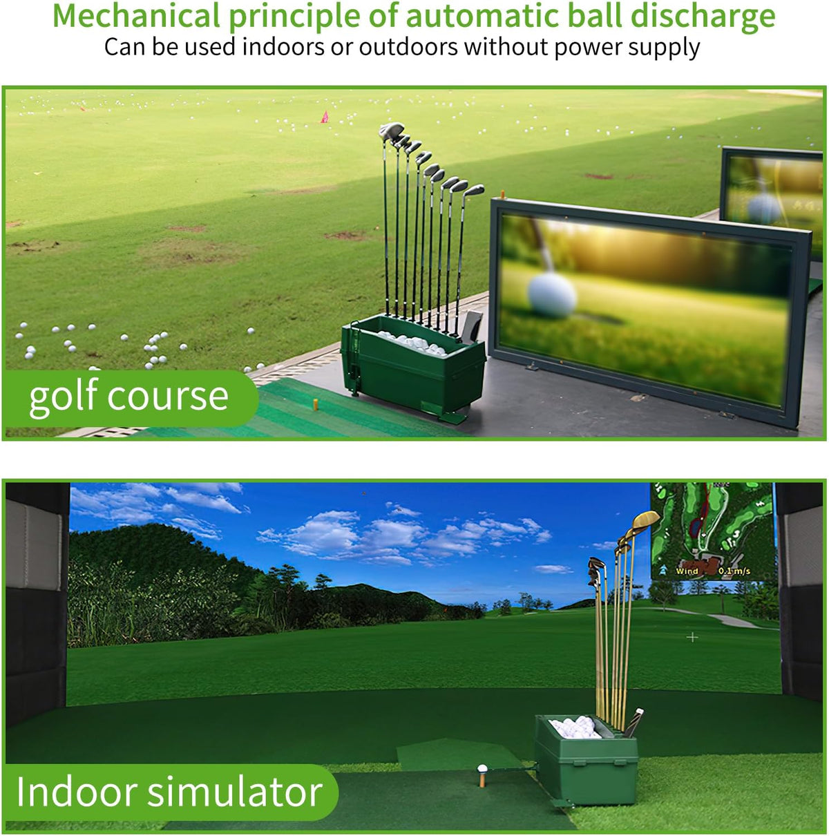 jjm automatic golf ball dispenser for indoor simulators shown in use