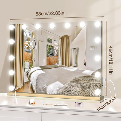 halumao Vanity Makeup Mirror with Lights, 22.8" x 19" Large Light Up Mirror with Smart Touch 3 Colors Dimmable Gold