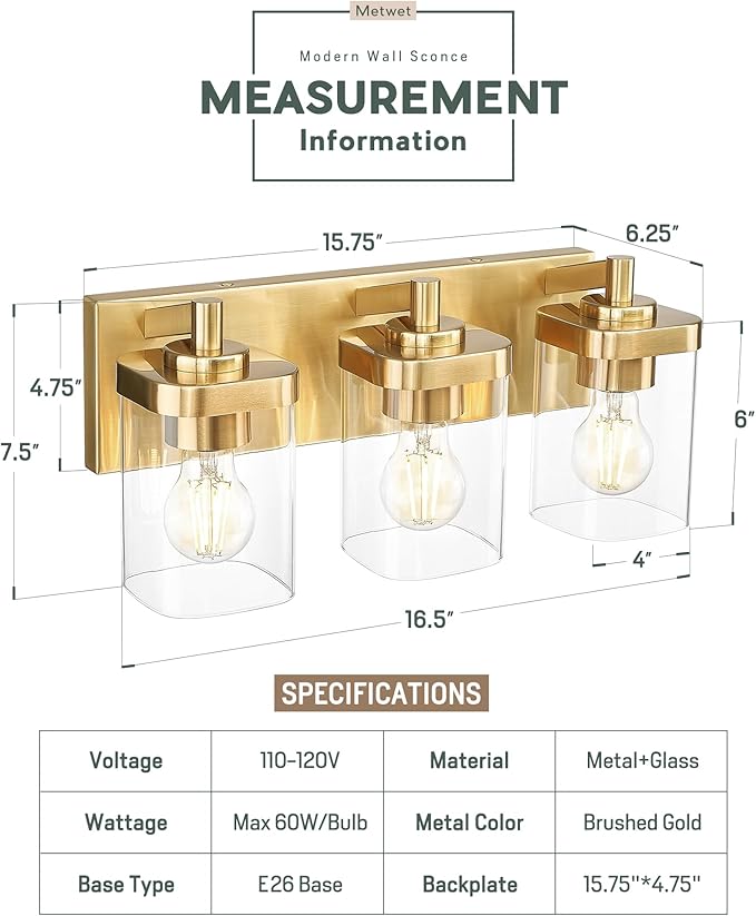 METWET Bathroom Light Fixtures Over Mirror, 3-Light Brushed Gold Vanity Light - Image 2