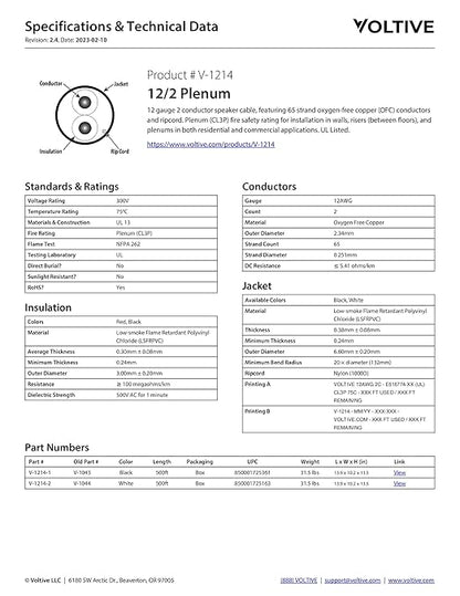 Voltive 12/2 Speaker Wire, Plenum CL3P, 500ft - Image 6