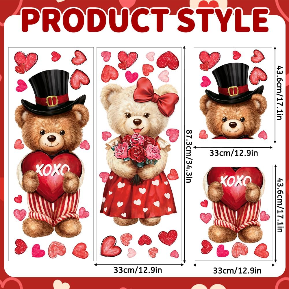 Celltestria Extra Large Valentines Window Clings Love Heart Valentines Bear Window Decals Stickers for Holiday Home Office School Party Gifts Decor Glass Decoration