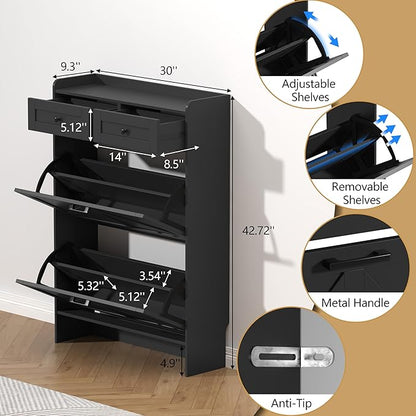 Shoe Cabinet with 2 Flip Drawers & 2 Storage Drawers, Rustic Farmhouse Narrow - Image 6