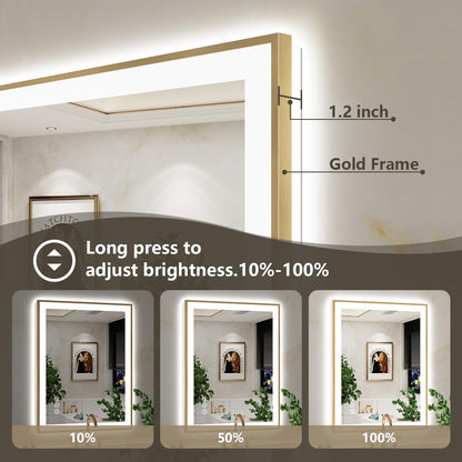 24x36 LED Bathroom Mirror with Lights, Gold Framed Lighted Mirror | Backlit and Front light, Anti-Fog, 3 Color Dimmable, Memory, Tempered Glass, IP54 Waterproof, UL Listed
