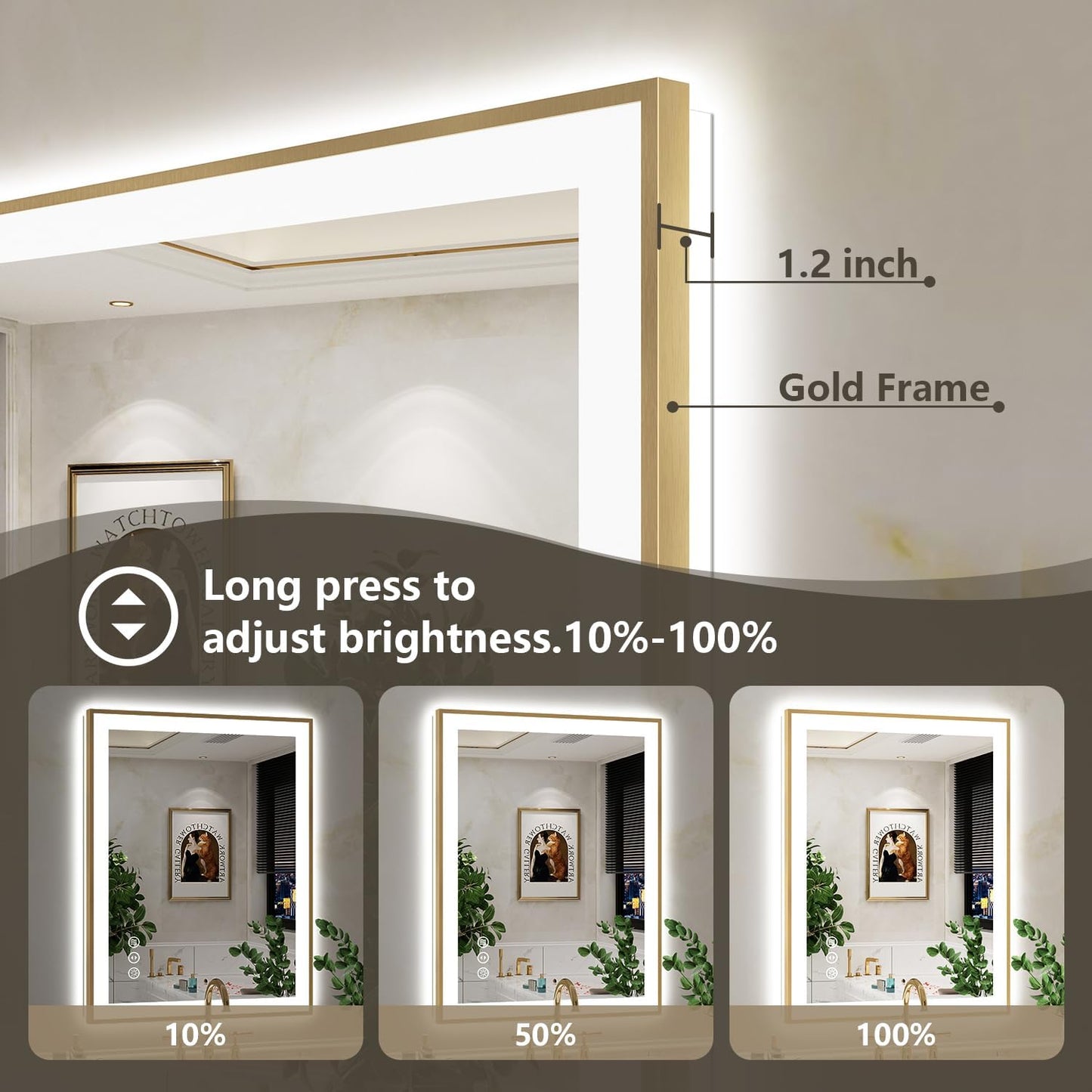 40x30 LED Bathroom Mirror with Lights, Gold Framed Lighted Mirror | Backlit and Front light, Anti-Fog, 3 Color Dimmable, Memory, Tempered Glass, IP54 Waterproof, UL Listed