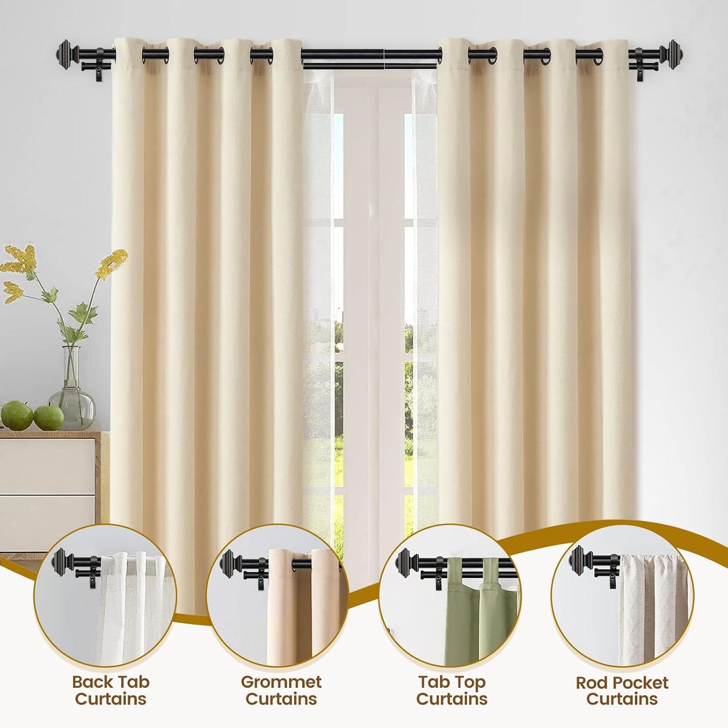 KAMANINA Double Curtain Rods for Windows 72-144 Inches Black Heavy Duty | 1 Inch Telescoping, 6-12 Feet Extra Long, Dual Curtain Rod for Living Room, Sliding Glass Door, Square End