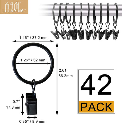 42 Pack Curtain Rings with Clips 1.26" Interior Diameter,Metal Drapery Ring with Clips Compatible with up to 1 inch Drapery Rod,Strong Vintage Decorative Rustproof Drapery Ring with Hooks(Black)