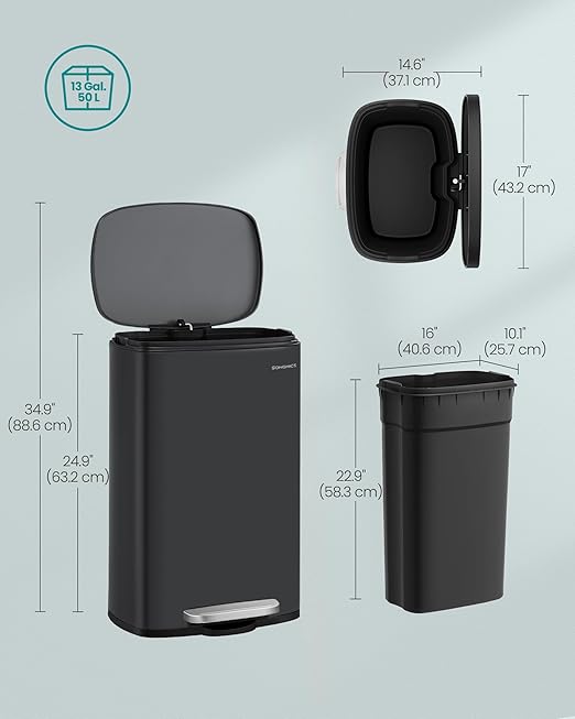 SONGMICS 13 Gallon Trash Can, Stainless Steel Kitchen Garbage Can, Recycling or - Image 6