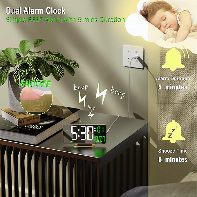 KOSUMOSU Desk Clock for Bedroom Accessories 6.7in Gold Digital Alarm Clock - Image 6