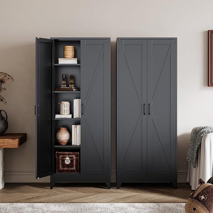 Black Tall Farmhouse Metal Pantry Linen Storage Cabinet and Organizers by Fesbos